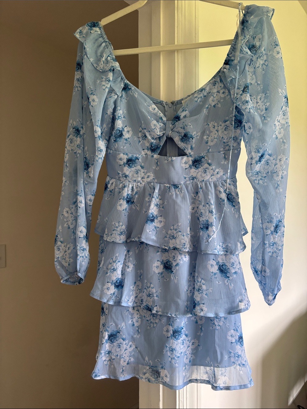 Altard State Light Blue Floral Tiered Ruffle Mini Dress